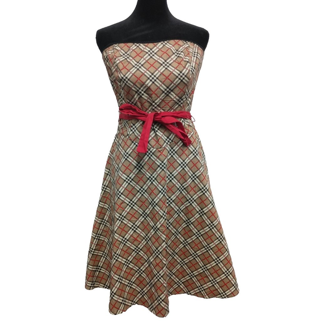 Vintage Ruby Rox Womens Fit & Flare Dress Size 7 Red Beige Check Strapless Party